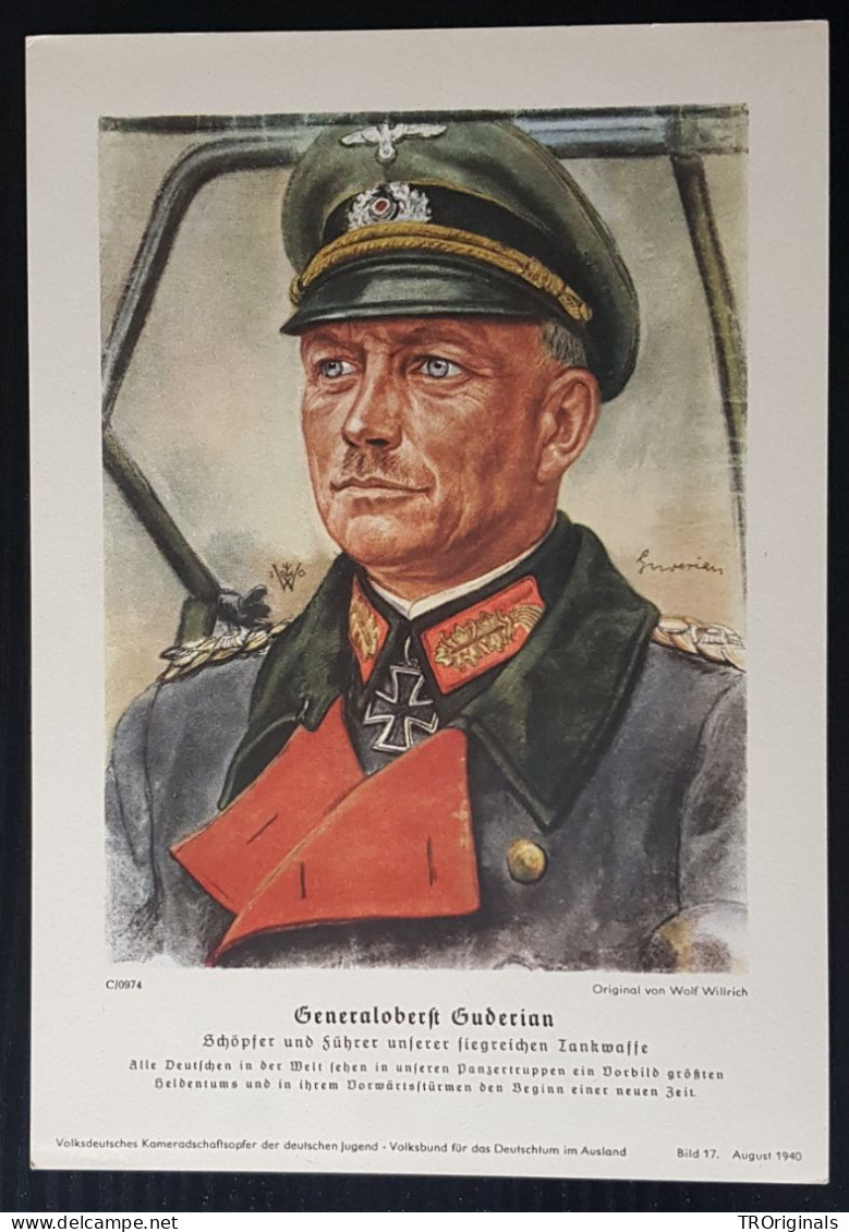 GERMANY THIRD 3rd REICH ORIGINAL RARE WILLRICH VDA MAXI CARD PRINT GUDERIAN - Guerre 1939-45