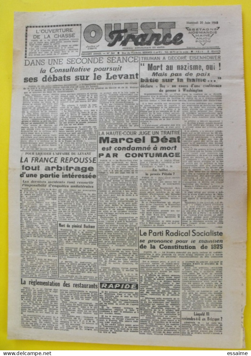Journal L'Ouest France Du 20 Juin 1945. Guerre épuration Déat Pétain Laval Mayenne Levant Syrie Liban - Otros & Sin Clasificación