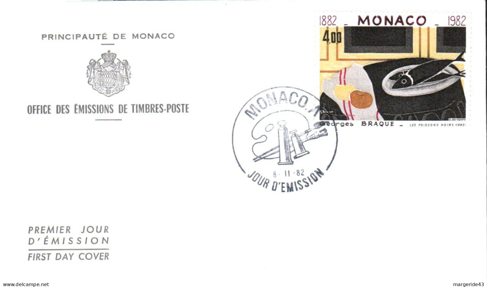 MONACO  FDC 1982 PEINTURE DE GEORGES BRAQUE - FDC
