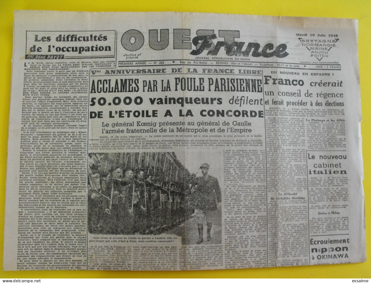 Journal L'Ouest France Du 19 Juin 1945. Guerre épuration Japon Okinawa De Gaulle Koenig Maquis Vannes Syrie - Autres & Non Classés