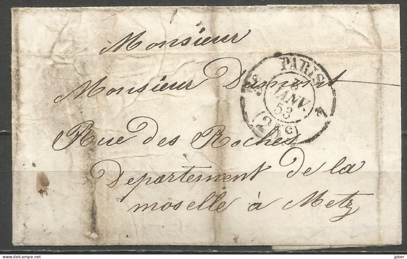 France - LSC De Paris à Bordeaux Du 3/1/53 - Cachet Taxe 25 Cts Paris 3e Vacation Route N°4 (route De Bâle) - 1849-1876: Klassik