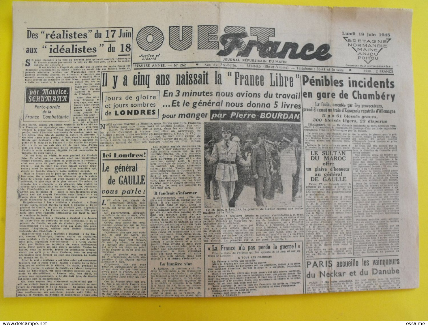 Journal L'Ouest France Du 18 Juin 1945. Guerre épuration De Gaulle Pétain Levant Syrie Maroc Schumann - Other & Unclassified