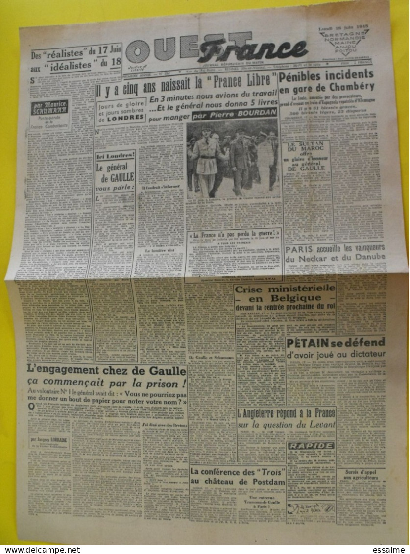 Journal L'Ouest France Du 18 Juin 1945. Guerre épuration De Gaulle Pétain Levant Syrie Maroc Schumann - Andere & Zonder Classificatie