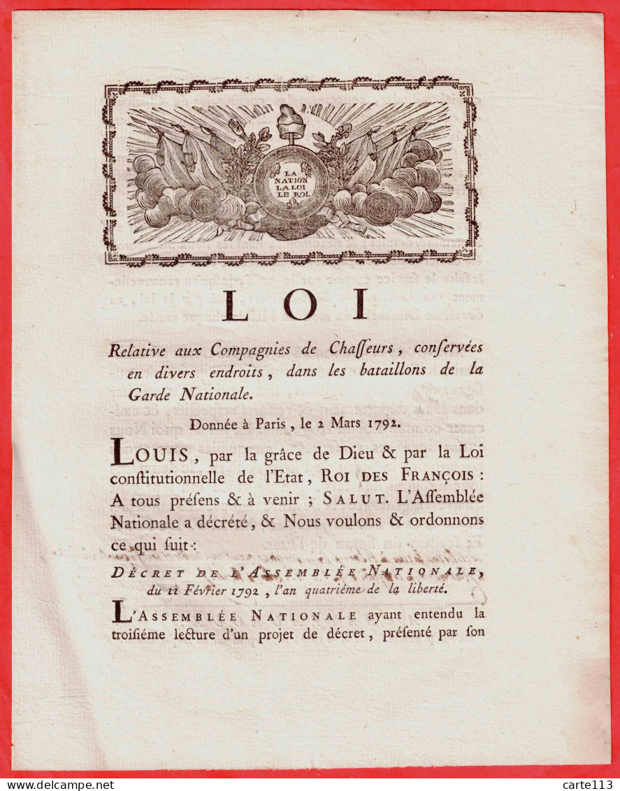 LOUIS - DU PORT Marguerite-Louis-François - LOI RELATIVE AUX COMPAGNIES DE CHASSEURS, CONSERVEES EN DIVERS ENDROI - 1701-1800