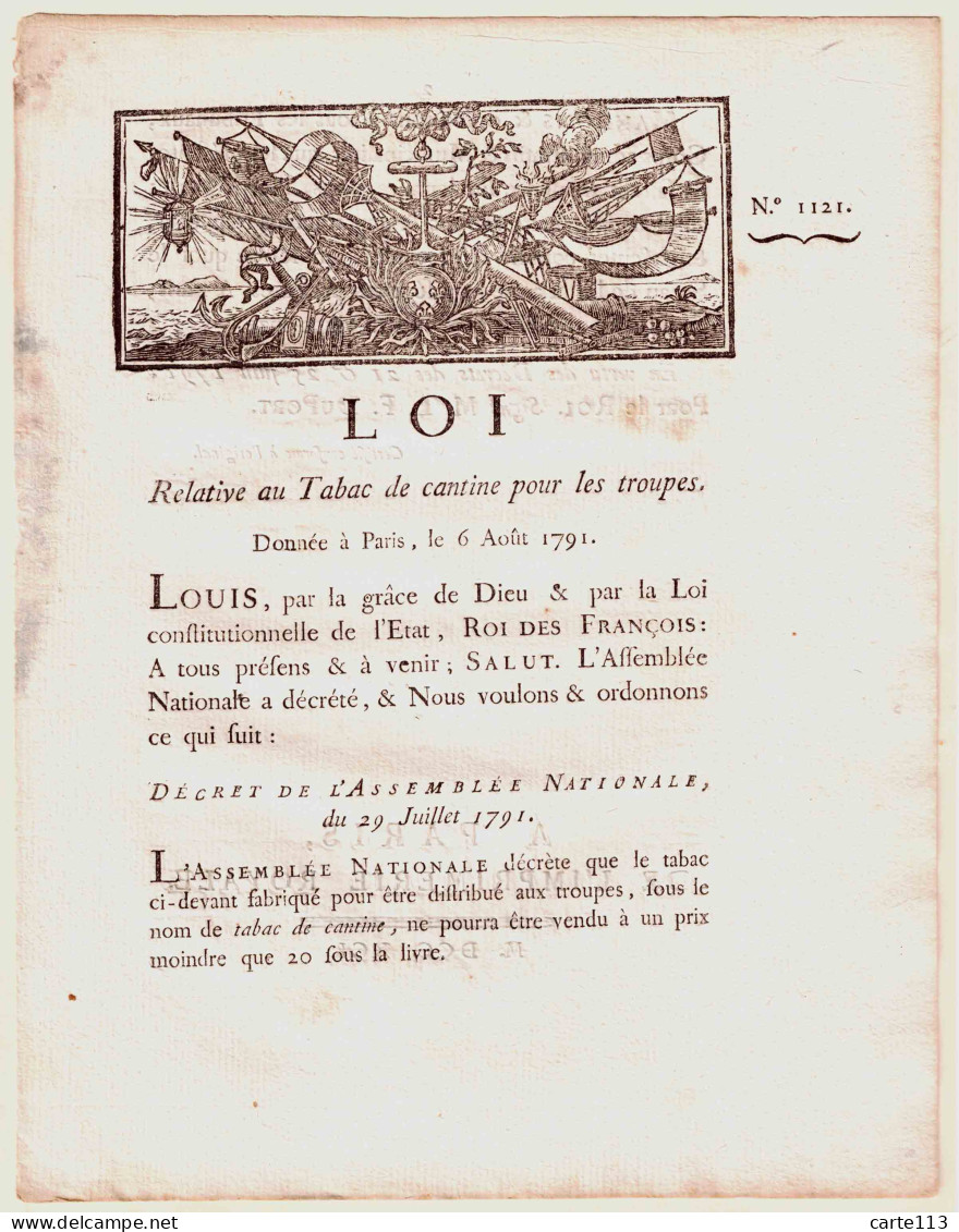 POUR LE ROI,  DU PORT Marguerite-Louis-François - LOI RELATIVE AU TABAC DE CANTINE POUR LES TROUPES, DONNEE A PARIS LE - 1701-1800