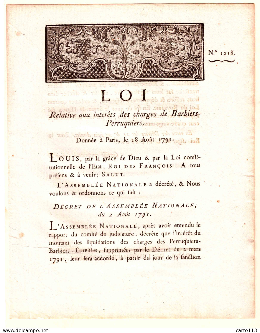 POUR LE ROI, DU PORT  Marguerite-Louis-François - LOI RELATIVE AUX INTERETS DES CHARGES DE BARBIERS-PERRUQUIERS  DONNEE - 1701-1800