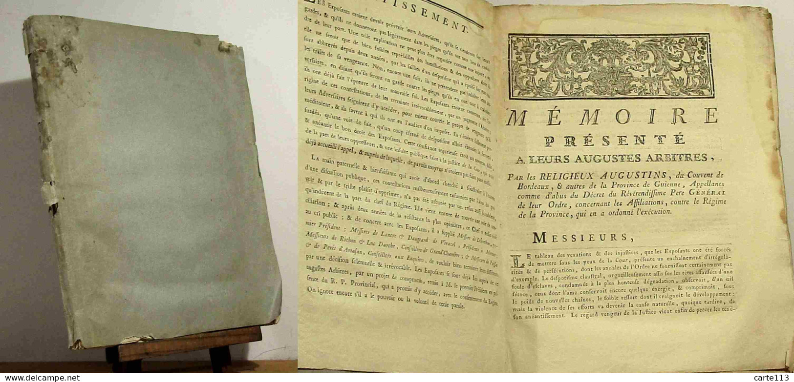 COLLECTIF  - MEMOIRE PRESENTE A LEURS AUGUSTES ARBITRES, PAR LES RELIGIEUX AUGUSTI - 1701-1800