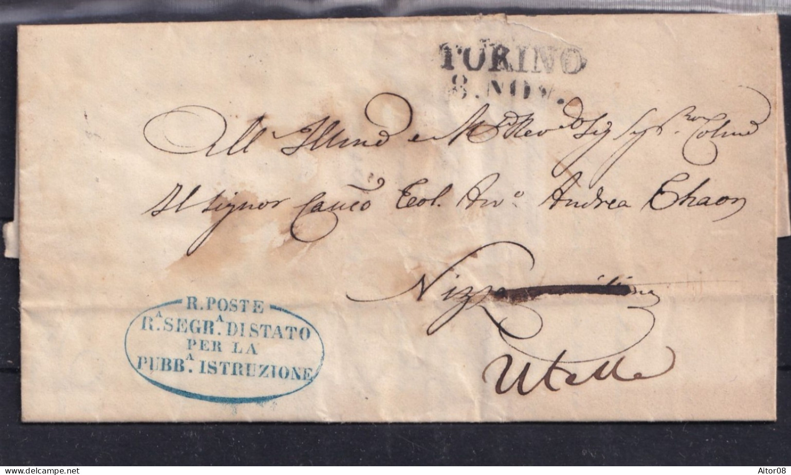 BELLISSIMA  LETTERA DEL 1848 DA TORINO  A UTELLE CORSIVI NERI TORINO E NIZZA. E BELLISSIMO TIMBRO BLU  INTERESSANTE. - ...-1850 Voorfilatelie