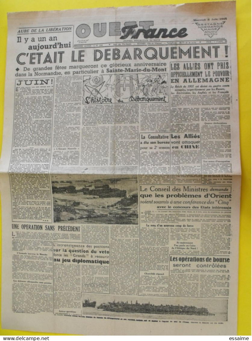 Journal L'Ouest France Du 6 Juin 1945. Guerre épuration De Gaulle Indochine Chine Laval Mayenne Syrie - Altri & Non Classificati