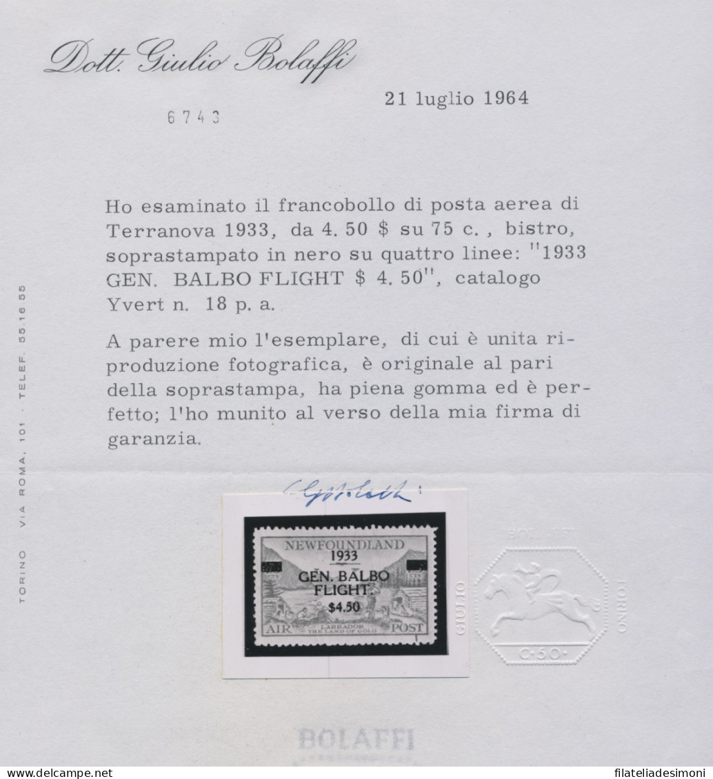 1933 - Terranova - New Foundland - "Generale Balbo Flight $ 4.50" - MNH** Certificato Giulio Bolaffi - Autres & Non Classés