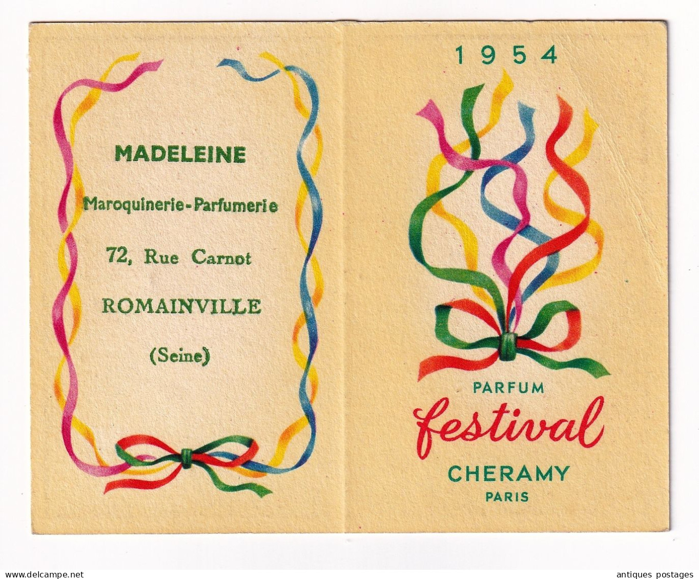 Calendrier 1954 Festival Cheramy Paris Parfum Parfumeur Parfumerie Romainville Madeleine Maroquinerie - Kleinformat : 1941-60