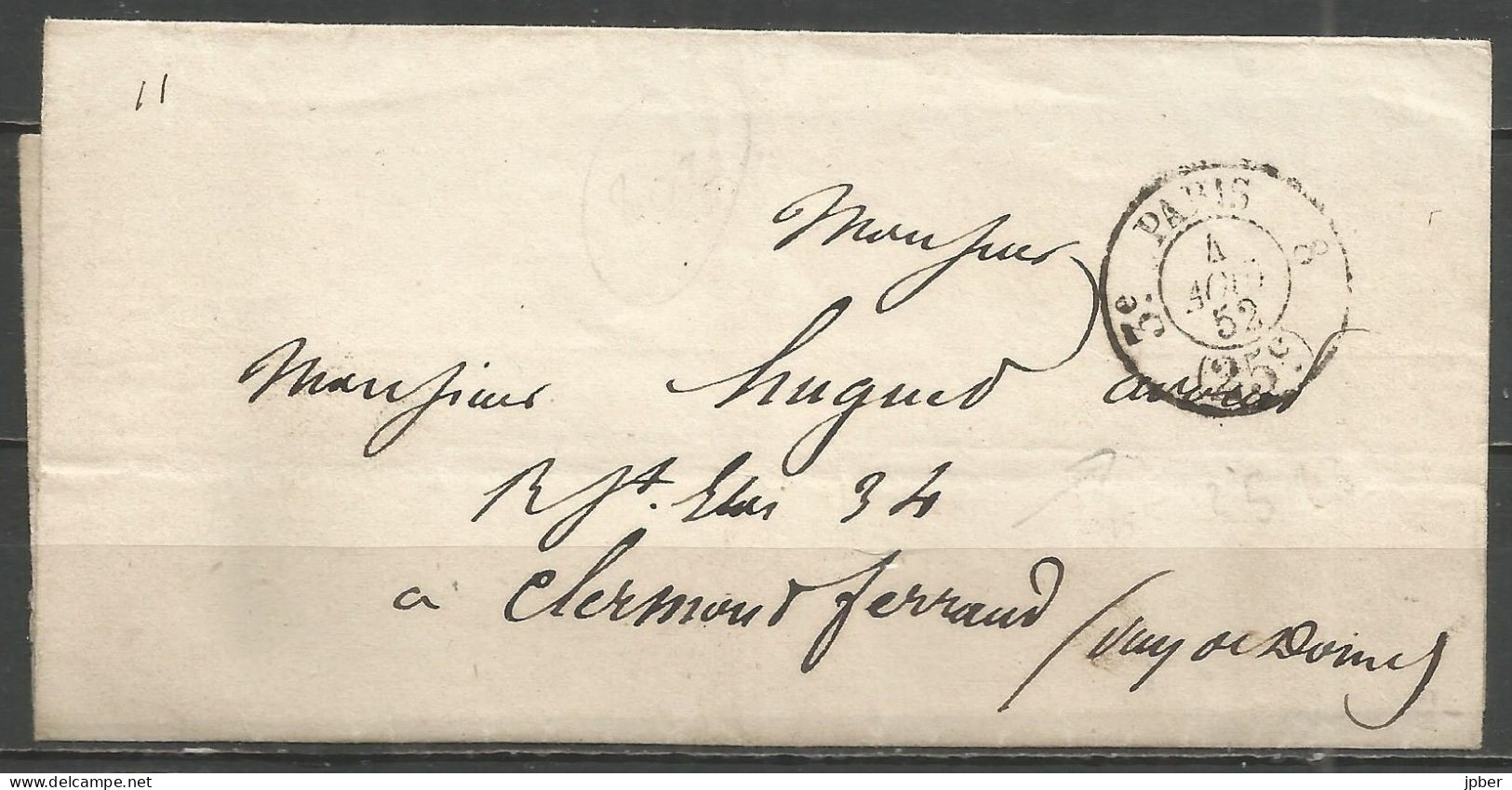 France - LSC Paris à Clermont-Ferrand Du 4/8/52 - Cachet Taxe 25 Cts Paris 3e Vacation Route N°8 (route De Montpellier) - 1849-1876: Classic Period