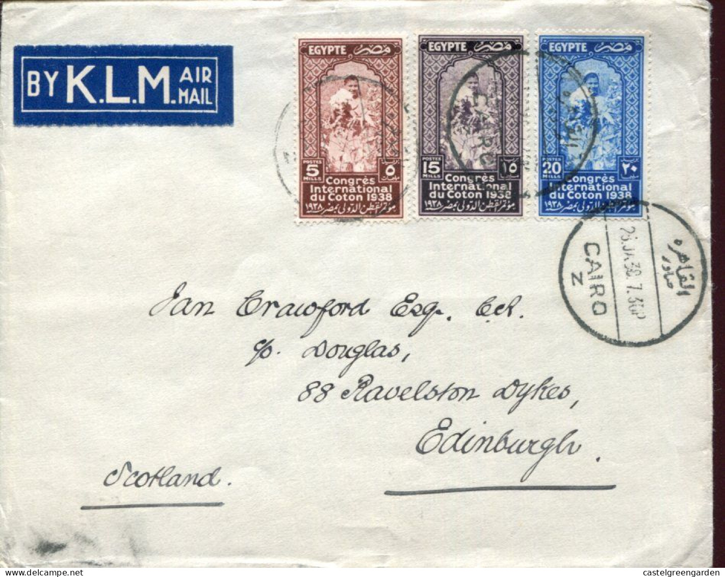 X0494 Egypt,circuled Cover From Cairo To Scotland 1938 With The Set Of Stamps International Congress Of Cotton - Storia Postale