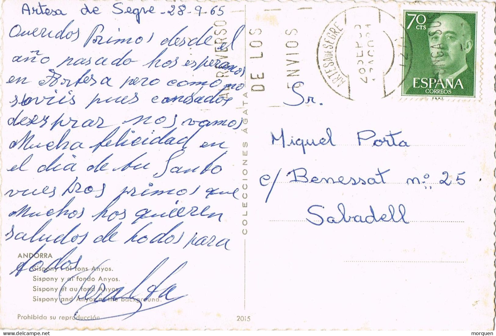 55044. Postal ARTESA De SEGRE (Lerida) 1965. Vista De Andorra SISPONY Y El ANYOS - Lettres & Documents