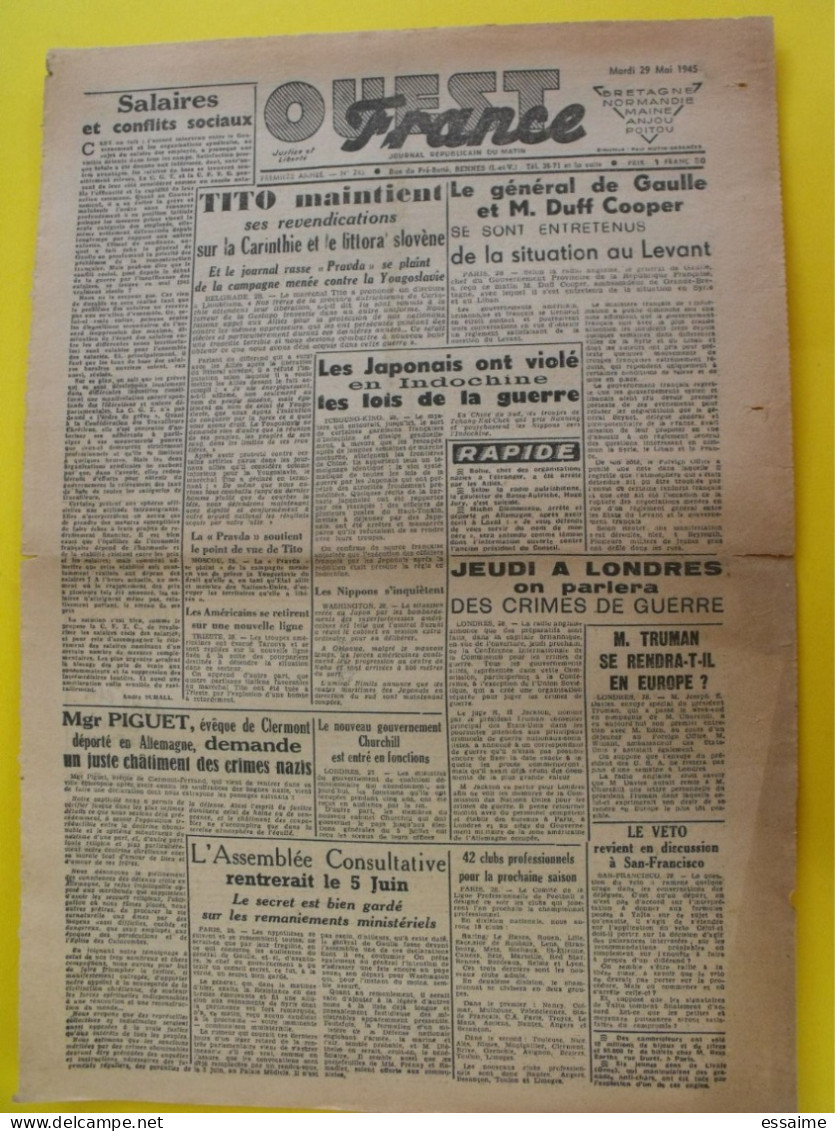 Journal L'Ouest France Du 29 Mai 1945. Guerre Tito Syrie Japon Indochine Truman Crimes Nazis - Autres & Non Classés