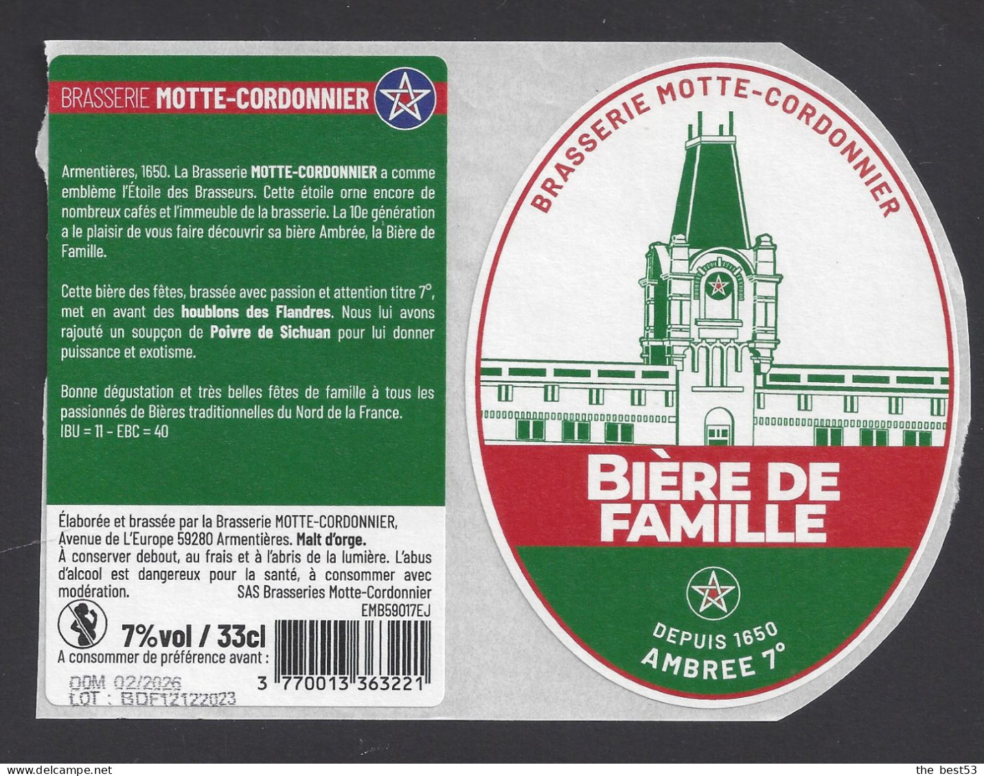 Etiquette De Bière Ambrée -  Des Familles  -    Brasserie Motte Cordonnier à Armentières (59) - Cerveza