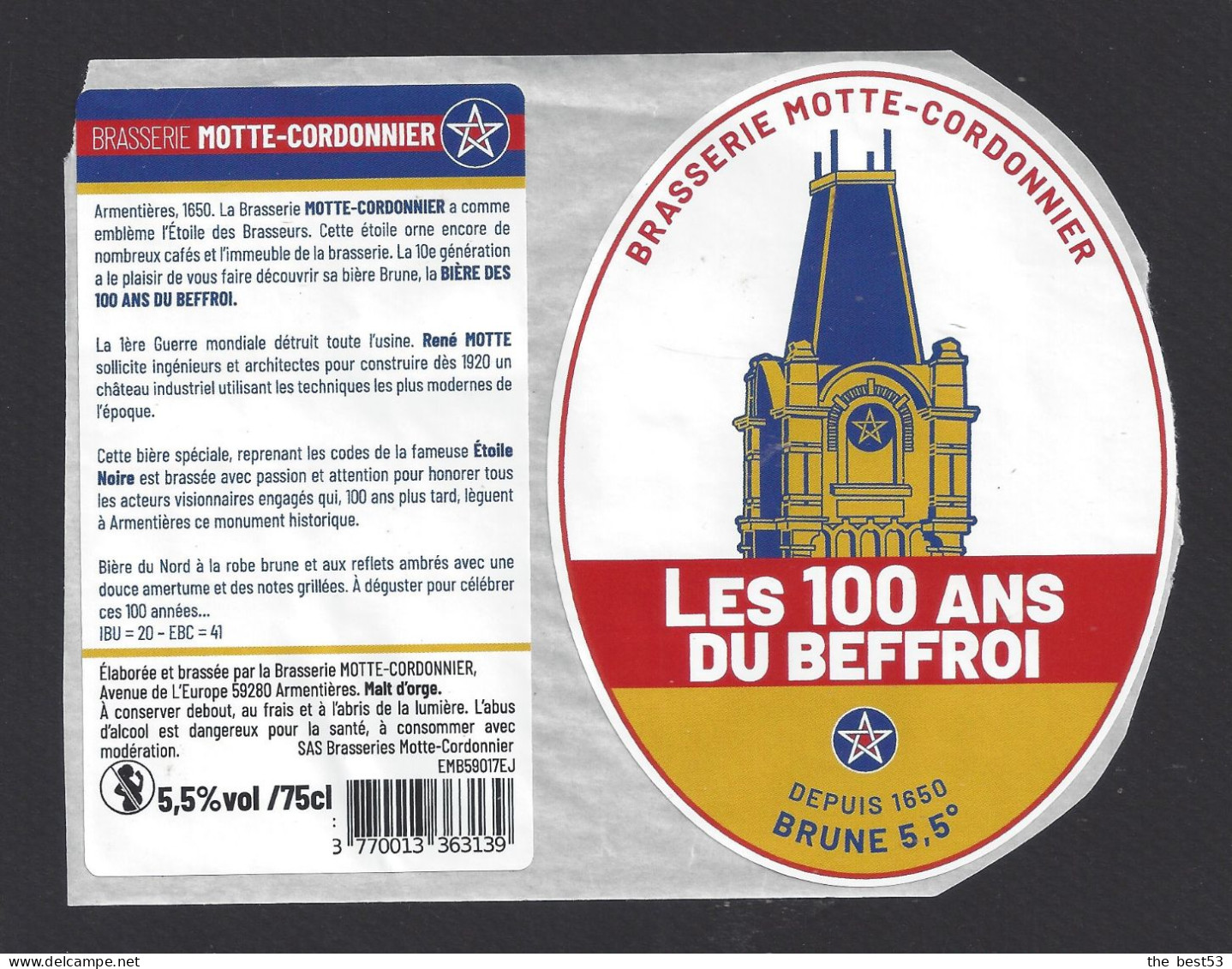 Etiquette De Bière Brune -  Les 100 Ans Du Beffroi  -    Brasserie Motte Cordonnier à Armentières (59) - Beer