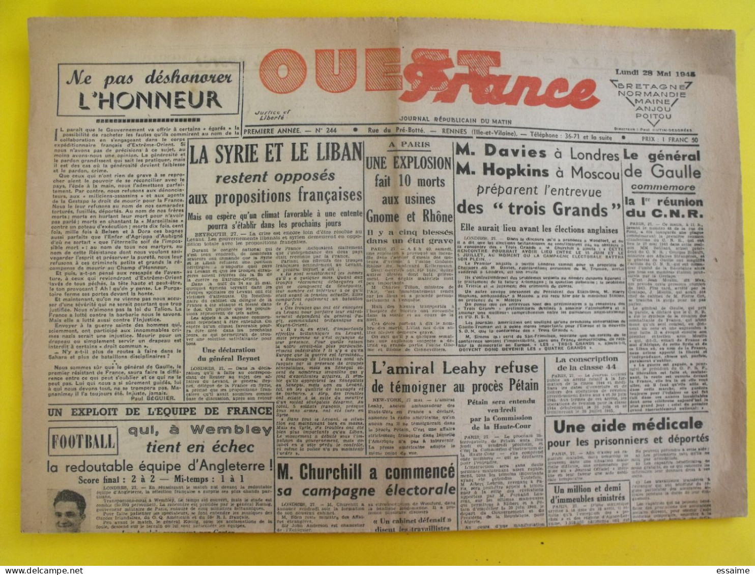 Journal L'Ouest France Du 28 Mai 1945. Guerre Liban Syrie Japon Indochine De Gaulle Pétain Herriot - Altri & Non Classificati