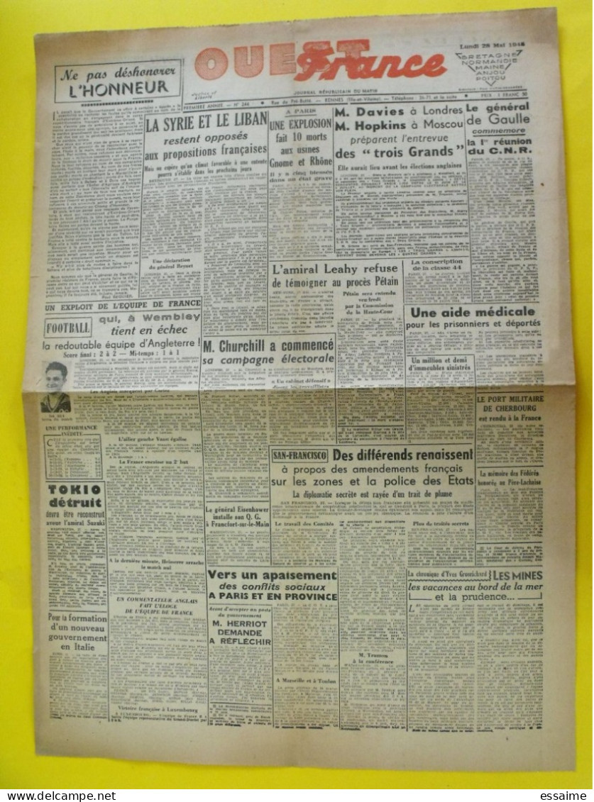 Journal L'Ouest France Du 28 Mai 1945. Guerre Liban Syrie Japon Indochine De Gaulle Pétain Herriot - Autres & Non Classés
