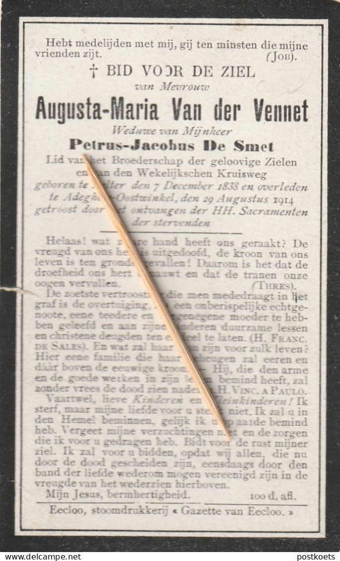 Aalter, Aeltre, Adegem, Oostwinkel, 1914, Augusta Can Der Vennet, De Smet - Devotion Images