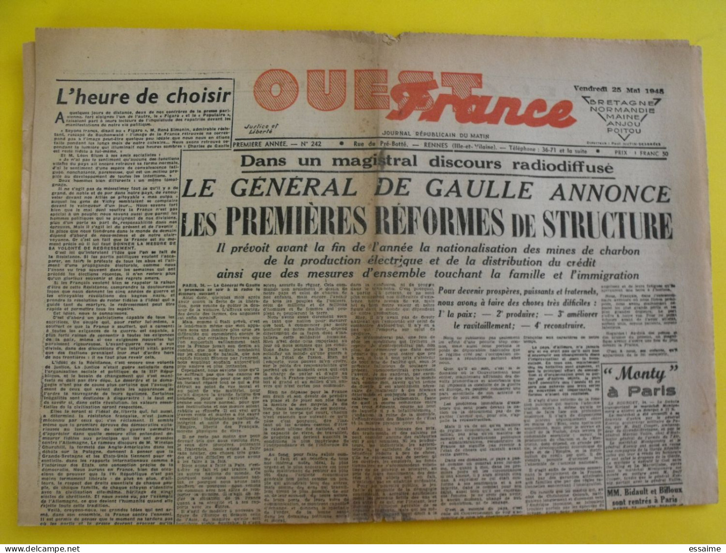 Journal L'Ouest France Du 25 Mai 1945. Guerre  De Gaulle Pétain Doenitz Tokio Bombardé Suicide Himmler - Andere & Zonder Classificatie