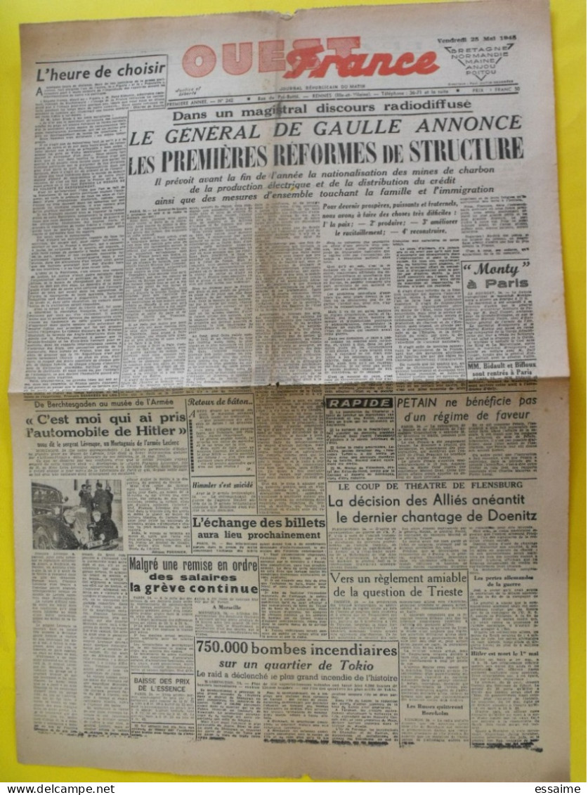 Journal L'Ouest France Du 25 Mai 1945. Guerre  De Gaulle Pétain Doenitz Tokio Bombardé Suicide Himmler - Andere & Zonder Classificatie