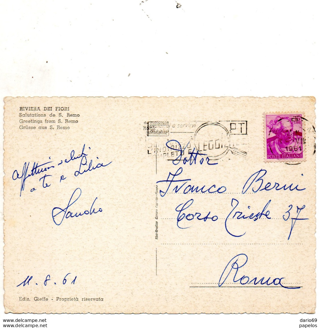 1961   CARTOLINA   CON ANNULLO SANREMO   + TARGHETTA - 1971-80: Poststempel