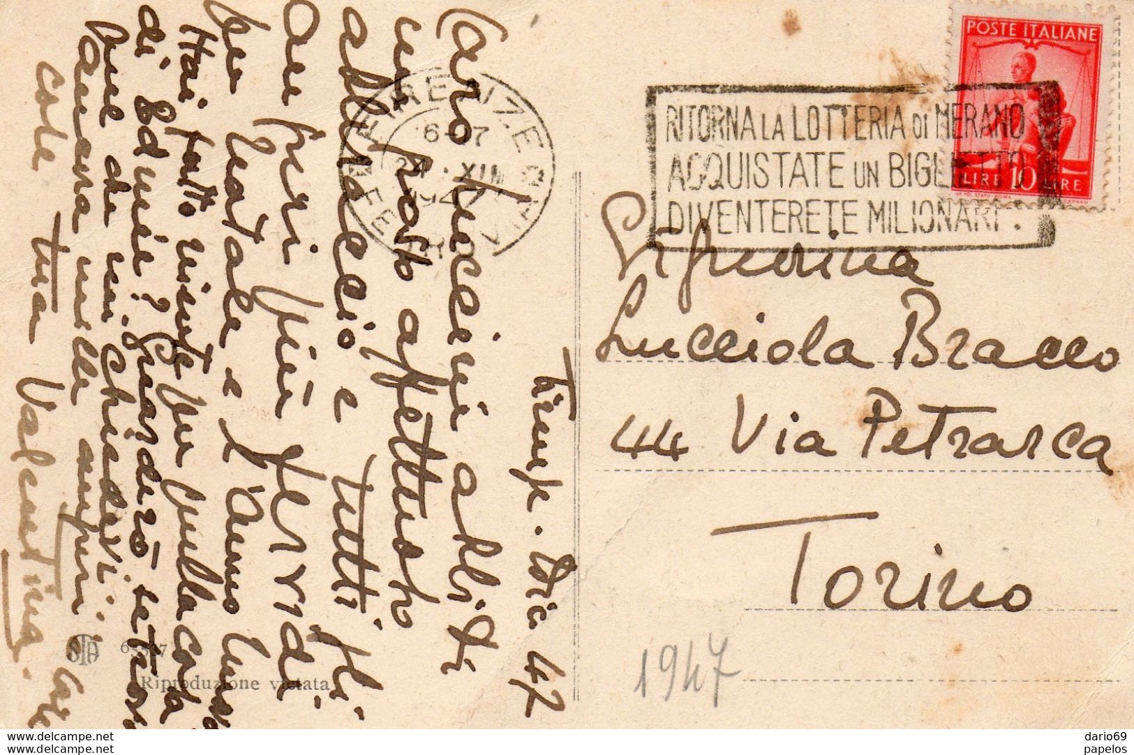 1947  CARTOLINA CON ANNULLO FIRENZE + TARGHETTA RITORNA LA LOTTERIA DI MERANO - 1946-60: Poststempel