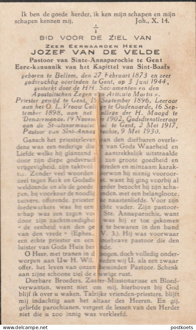 Priester, Prêtre, Abbé, Jozef Van De Velde, Gent, Bellem, Oudenaarde, Dendermonde, 1930 - Godsdienst & Esoterisme