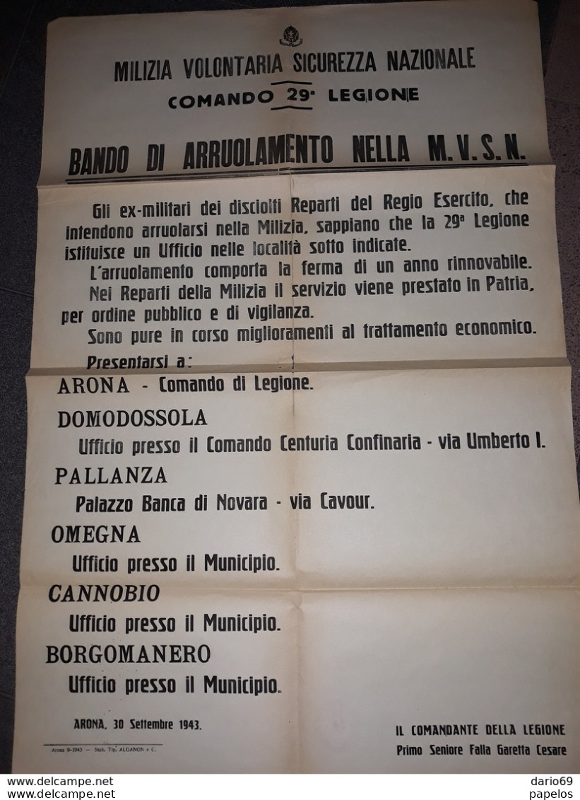 1943  MANIFESTO  ARONA   MILIZIA VOLONTARIA SICUREZZA NAZIONALE  BANDO DI ARRUOLAMENTO - Affiches