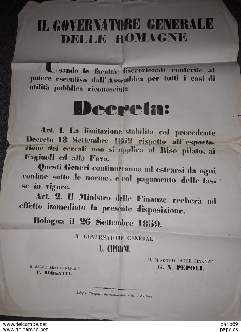 1859  MANIFESTO BOLOGNA   DECRETO LIMITAZIONE ESPORTAZIONI - Afiches
