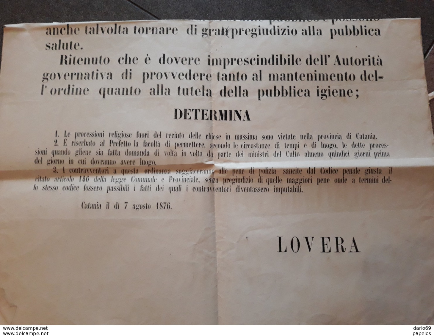 1876  CATANIA REGOLA SULLE PROCESSIONI FUORI DAI RECINTI DELLE CHIESE - Plakate