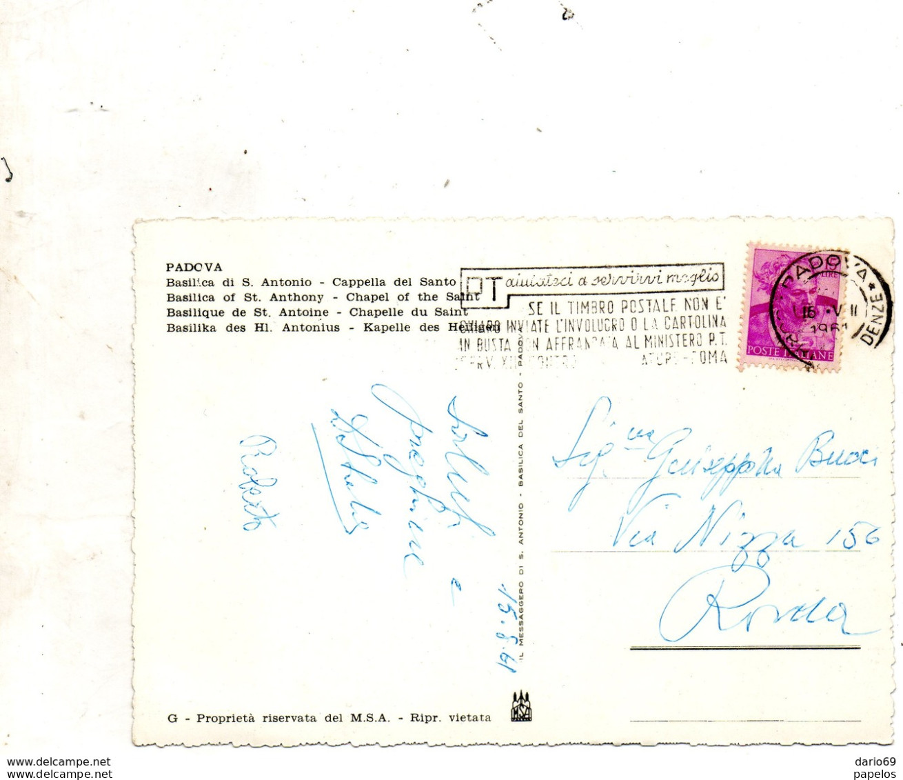 1961  CARTOLINA CON ANNULLO  PADOVA      + TARGHETTA - 1961-70: Storia Postale