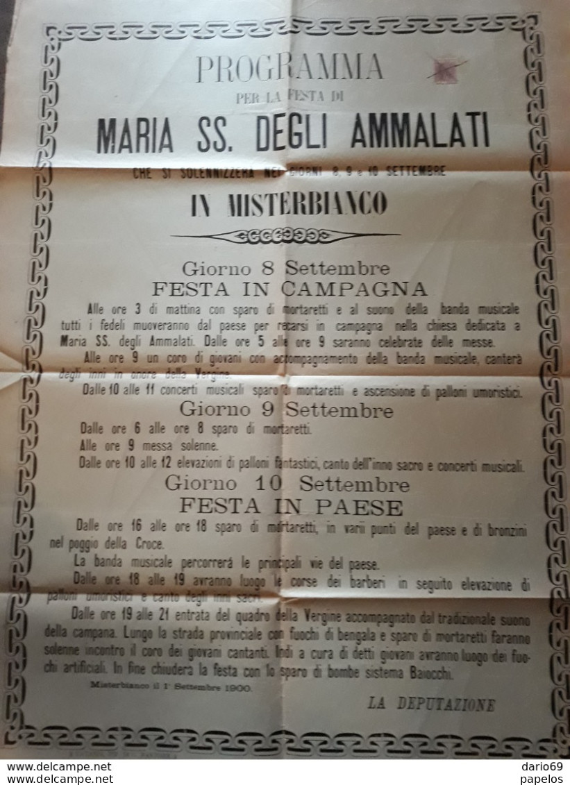 1900  MANIFESTO  MISTERBIANCO   CATANIA  PROGRAMMA  PER LA  FESTA  DI MARIA SS. DEGLI AMMALATI - Historical Documents