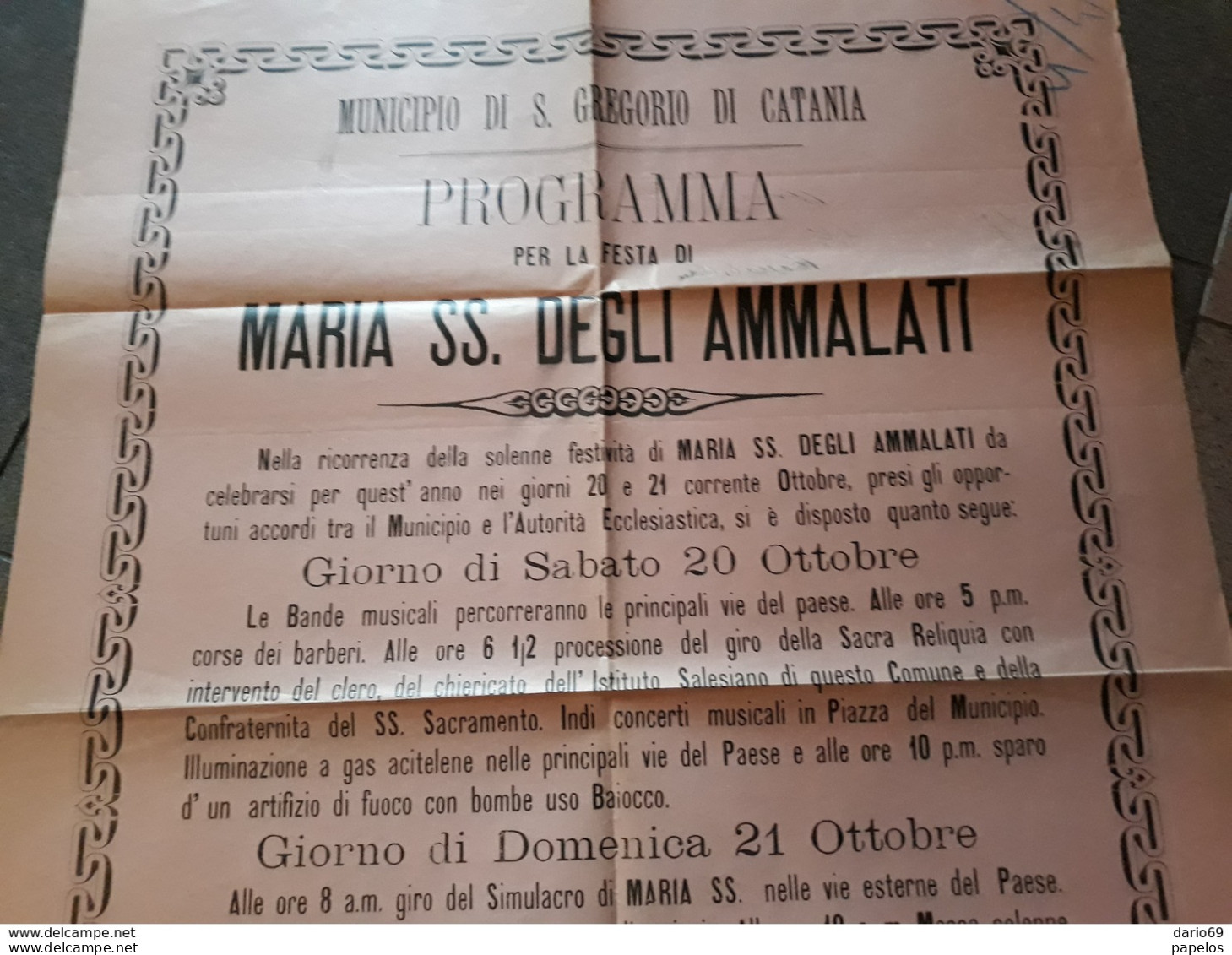 1900  MANIFESTO  S. GREGORIO    CATANIA  PROGRAMMA  PER LA  FESTA  DI MARIA SS. DEGLI AMMALATI - Documents Historiques