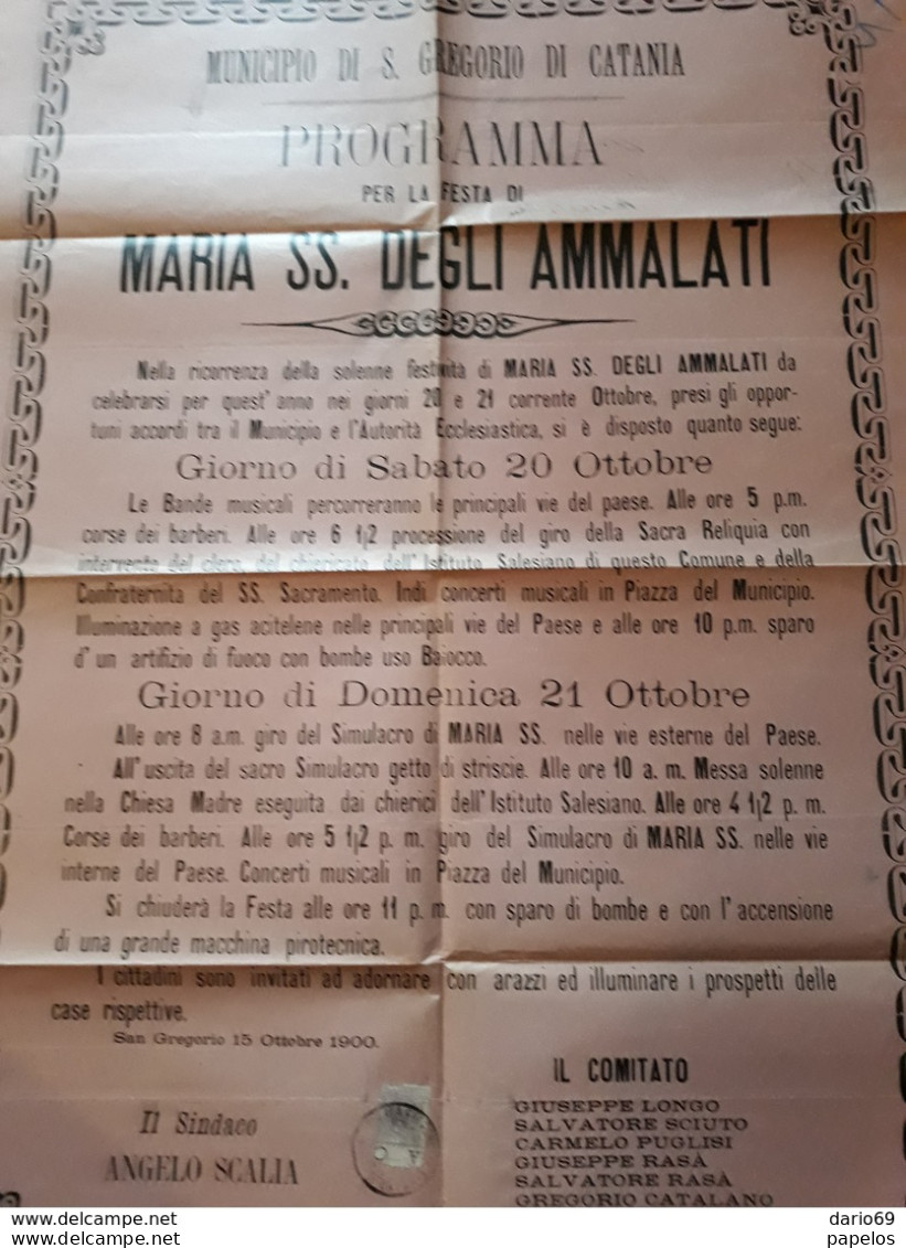 1900  MANIFESTO  S. GREGORIO    CATANIA  PROGRAMMA  PER LA  FESTA  DI MARIA SS. DEGLI AMMALATI - Historical Documents