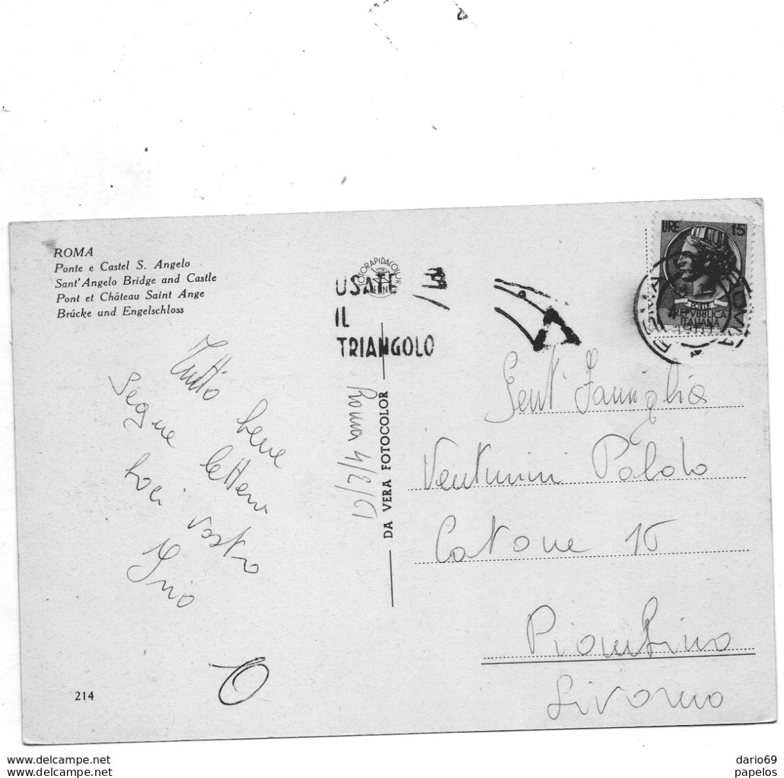 1961  CARTOLINA CON ANNULLO  ROMA  + TARGHETTA USATE IL TRIANGOLO - 1961-70: Storia Postale