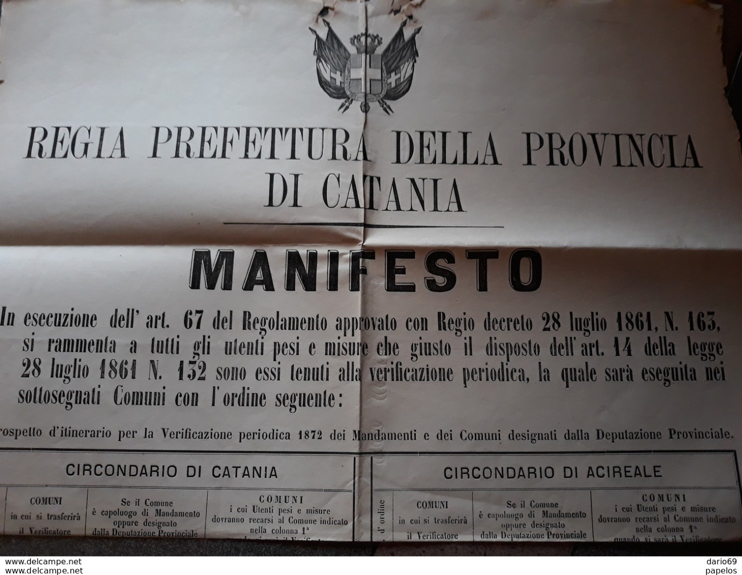 1872 CATANIA  MANIFESTO VERIFICAZIONE PESI E MISURE - Plakate