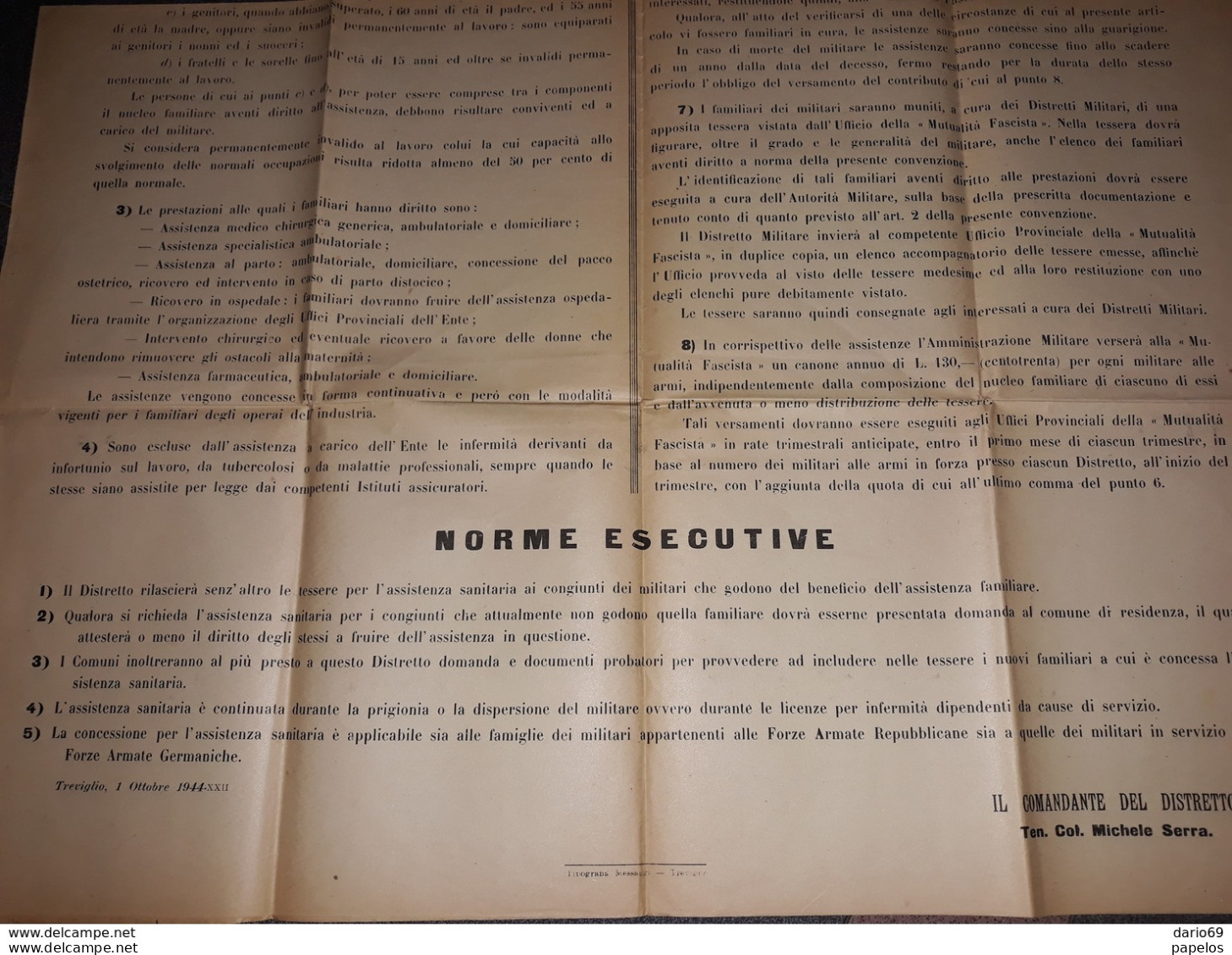 1944   MANIFESTO  DISTRETTO MILITARE DI TREVIGLIO  ASSISTENZA SANITARIA ALLE FAMIGLIE DEI MILITARI ALLE ARMI - Afiches