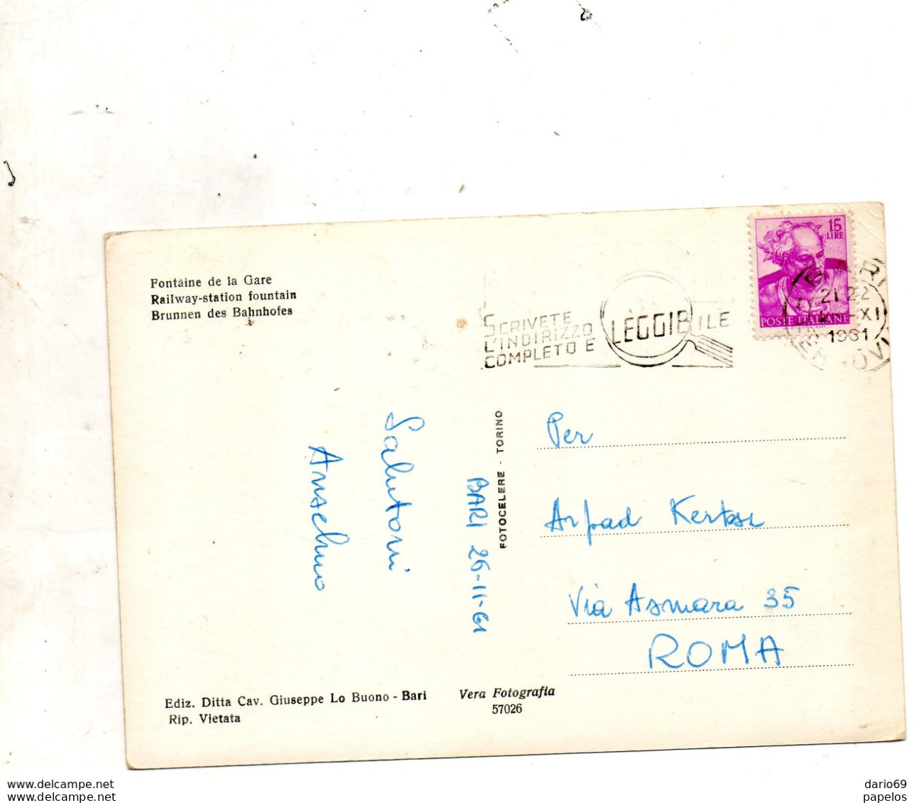 1961   CARTOLINA   CON ANNULLO  BARI        + TARGHETTA - 1961-70: Storia Postale