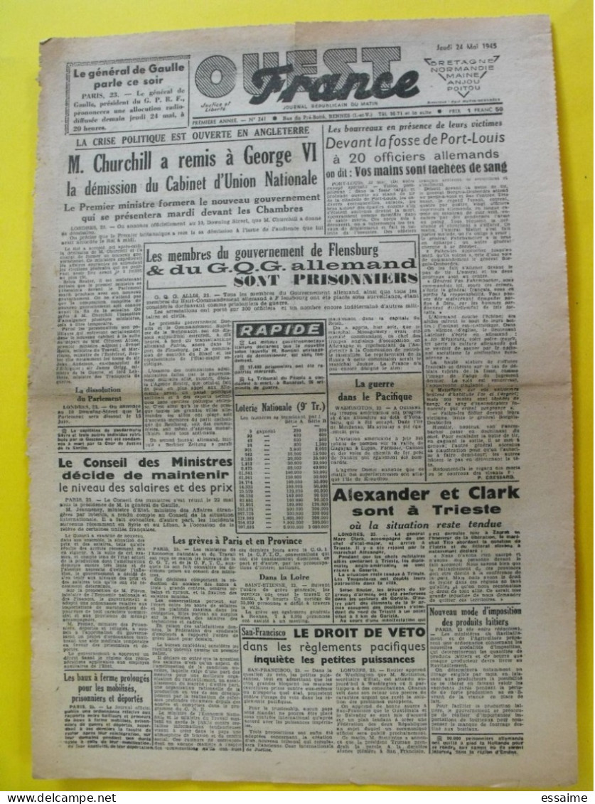 Journal L'Ouest France Du 24 Mai 1945. Guerre  De Gaulle Pétain Doenitz Tokio Bombardé Pacifique Churchill - Sonstige & Ohne Zuordnung