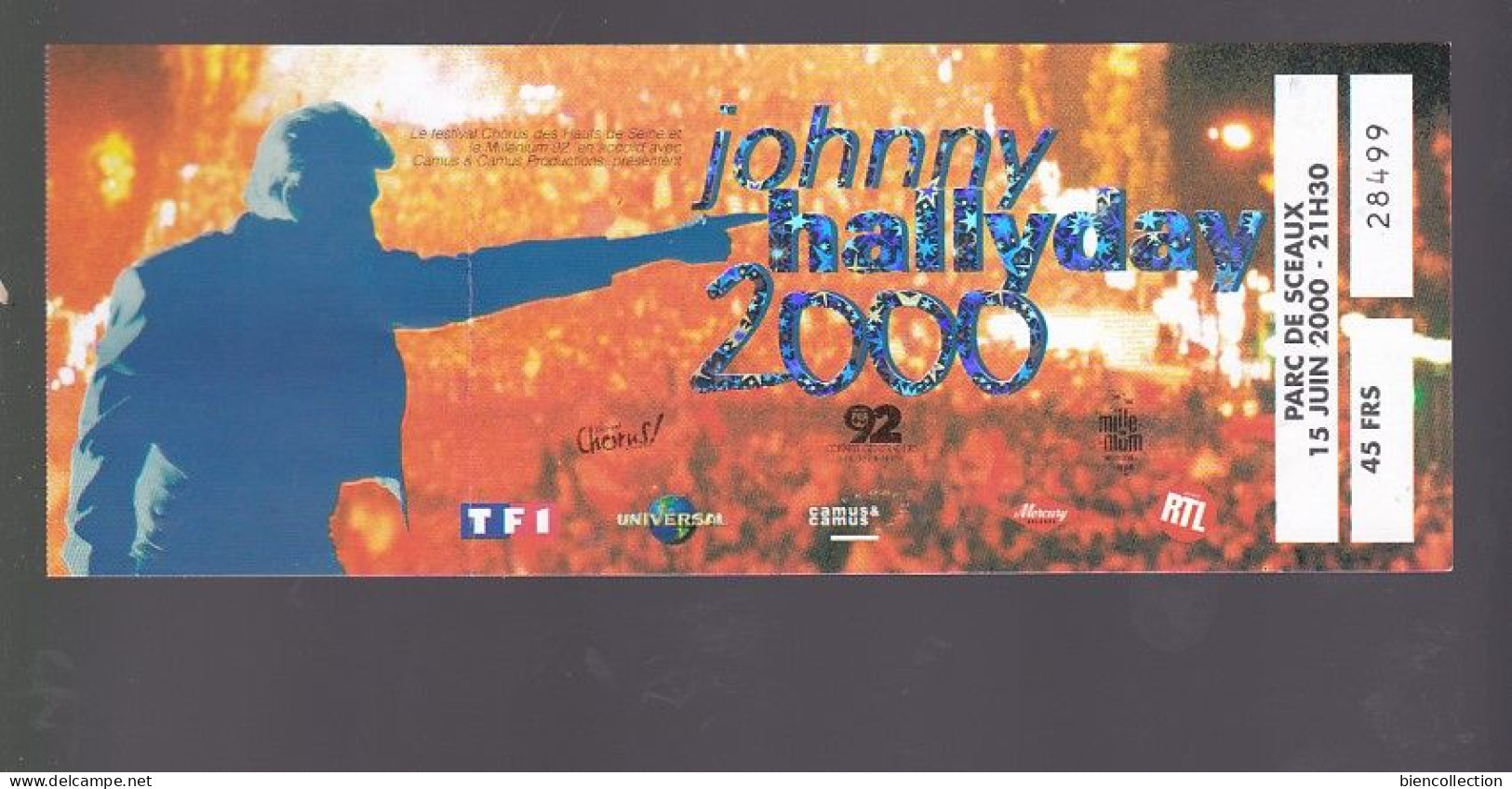 Ticket D'entrée Johnny Halliday Au Parc De Sceau (Hauts De Seine) 15 Juin 2000 - Toegangskaarten