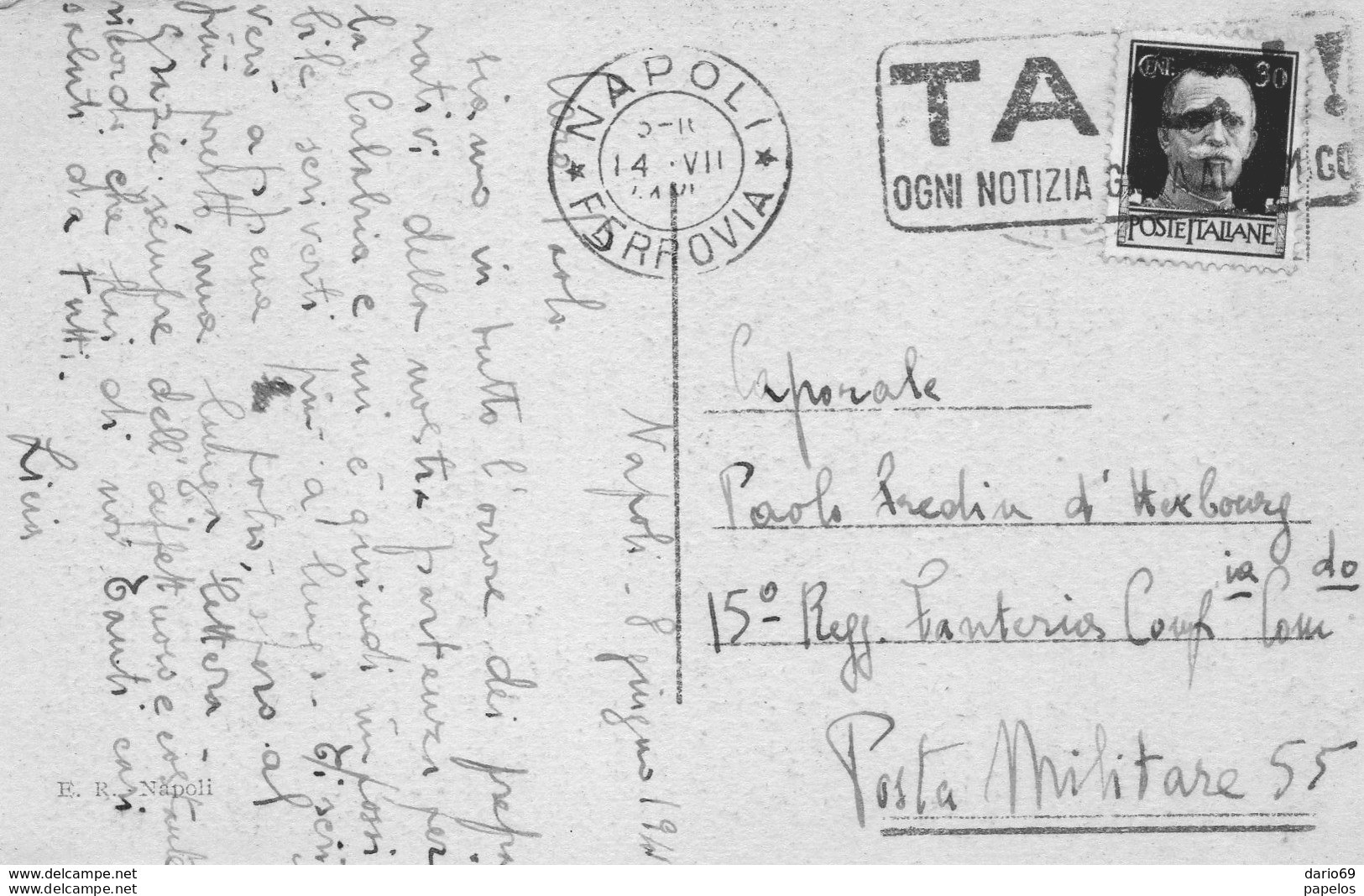 1941  CARTOLINA  CON ANNULLO  NAPOLI   + TARGHETTA TACI - Storia Postale