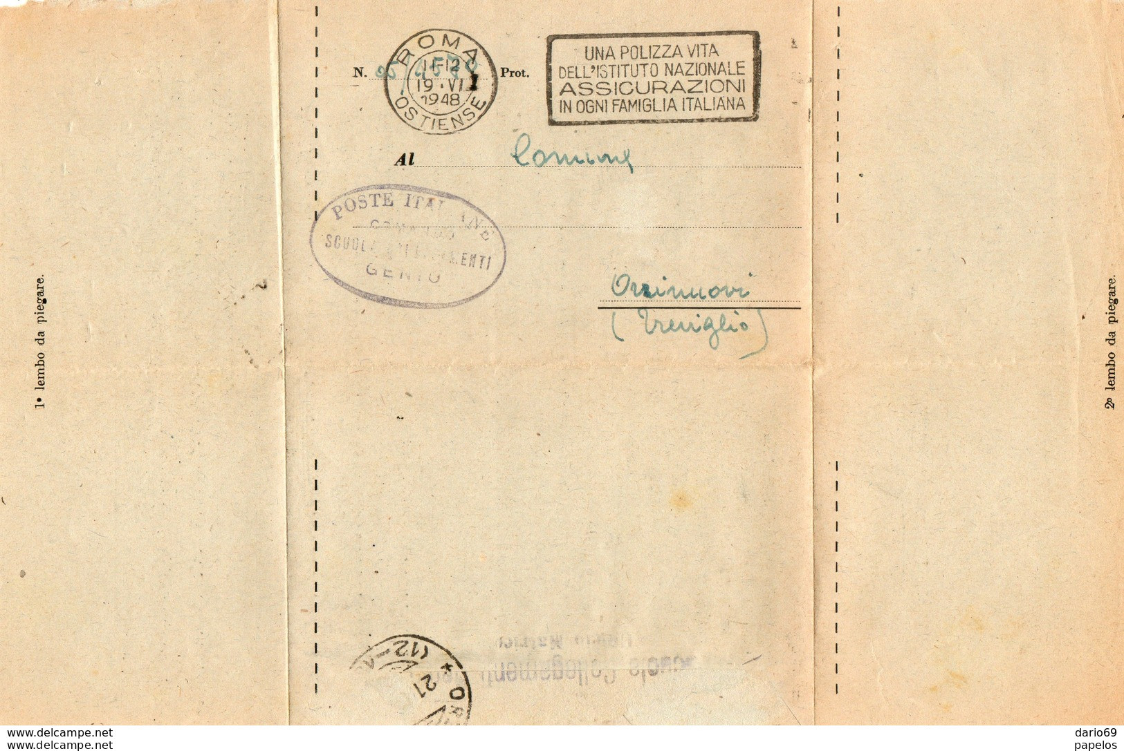 1948 LETTERA  CON ANNULLO ROMA OSTIENSE + TARGHETTA UNA POLIZZA VITA - 1946-60: Poststempel