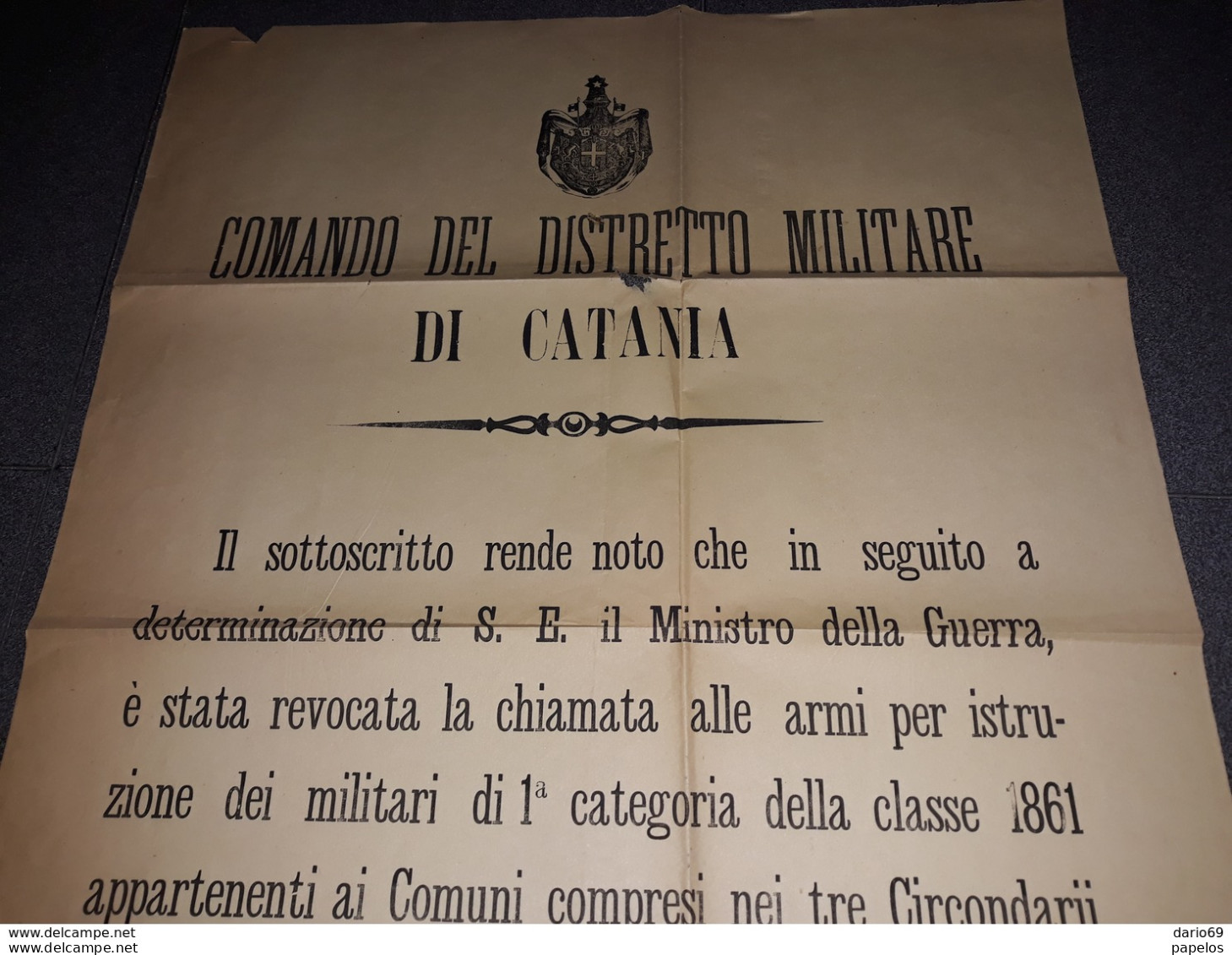 1887 MANIFESTO  CATANIA   REVOCA CHIAMATA  ALLE ARMI PER I MILITARI IN CONGEDO ILLIMITATO - Historical Documents