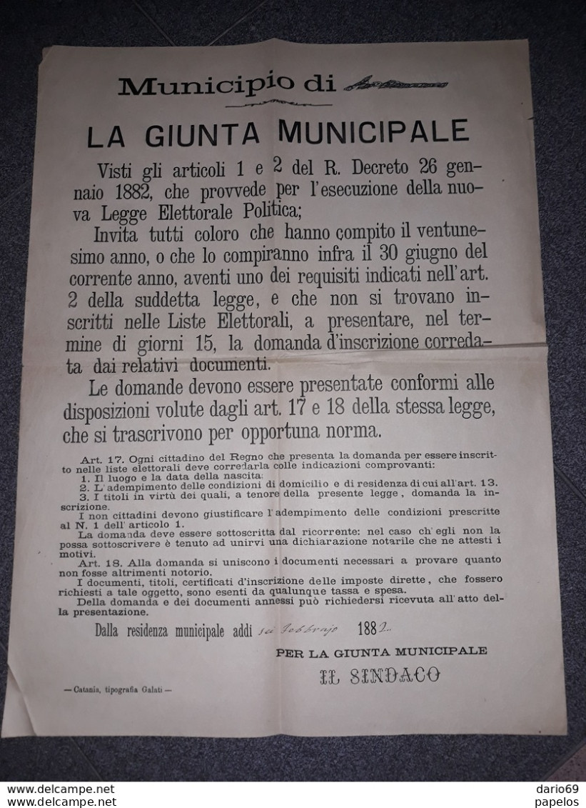 1882 MANIFESTO CATANIA - LISTE ELETTORALI - Documenti Storici