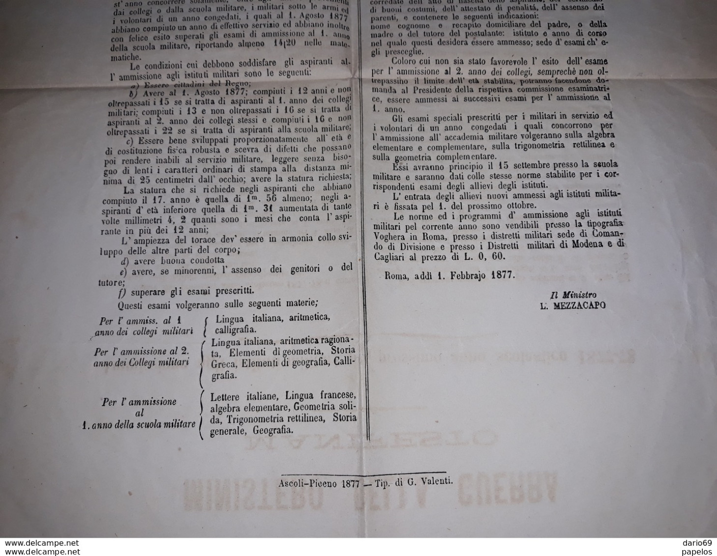 1877 MANIFESTO  MINISTERO DELLA GUERRA  AMMISSIONE AGLI ISTITUTI MILITARI - Historical Documents