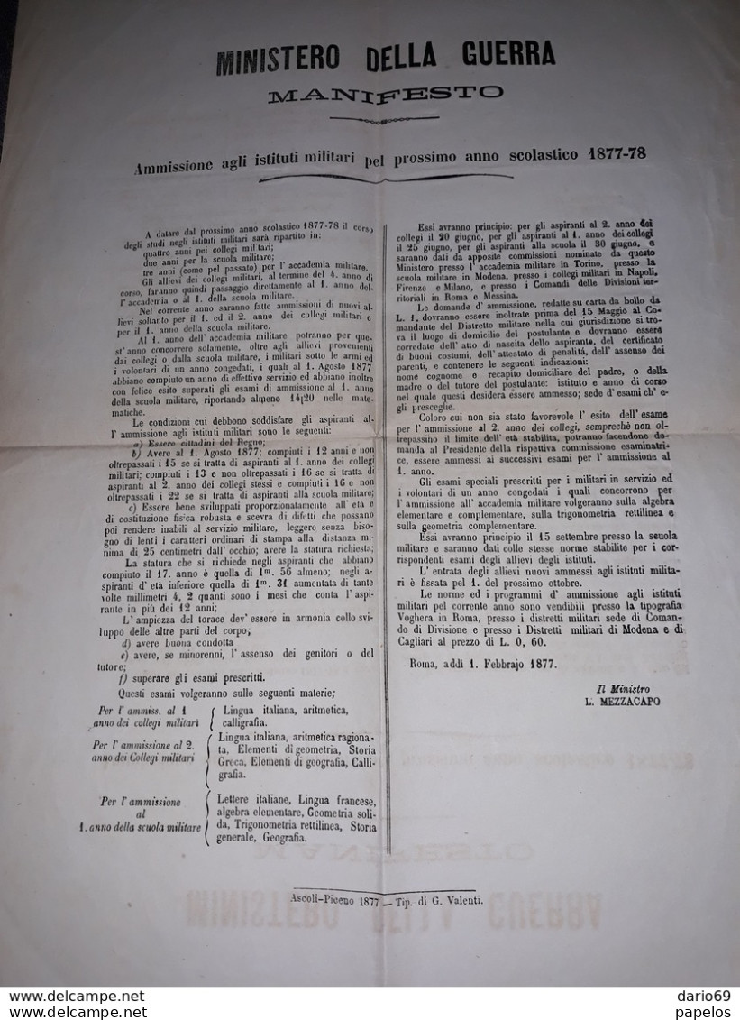 1877 MANIFESTO  MINISTERO DELLA GUERRA  AMMISSIONE AGLI ISTITUTI MILITARI - Historical Documents