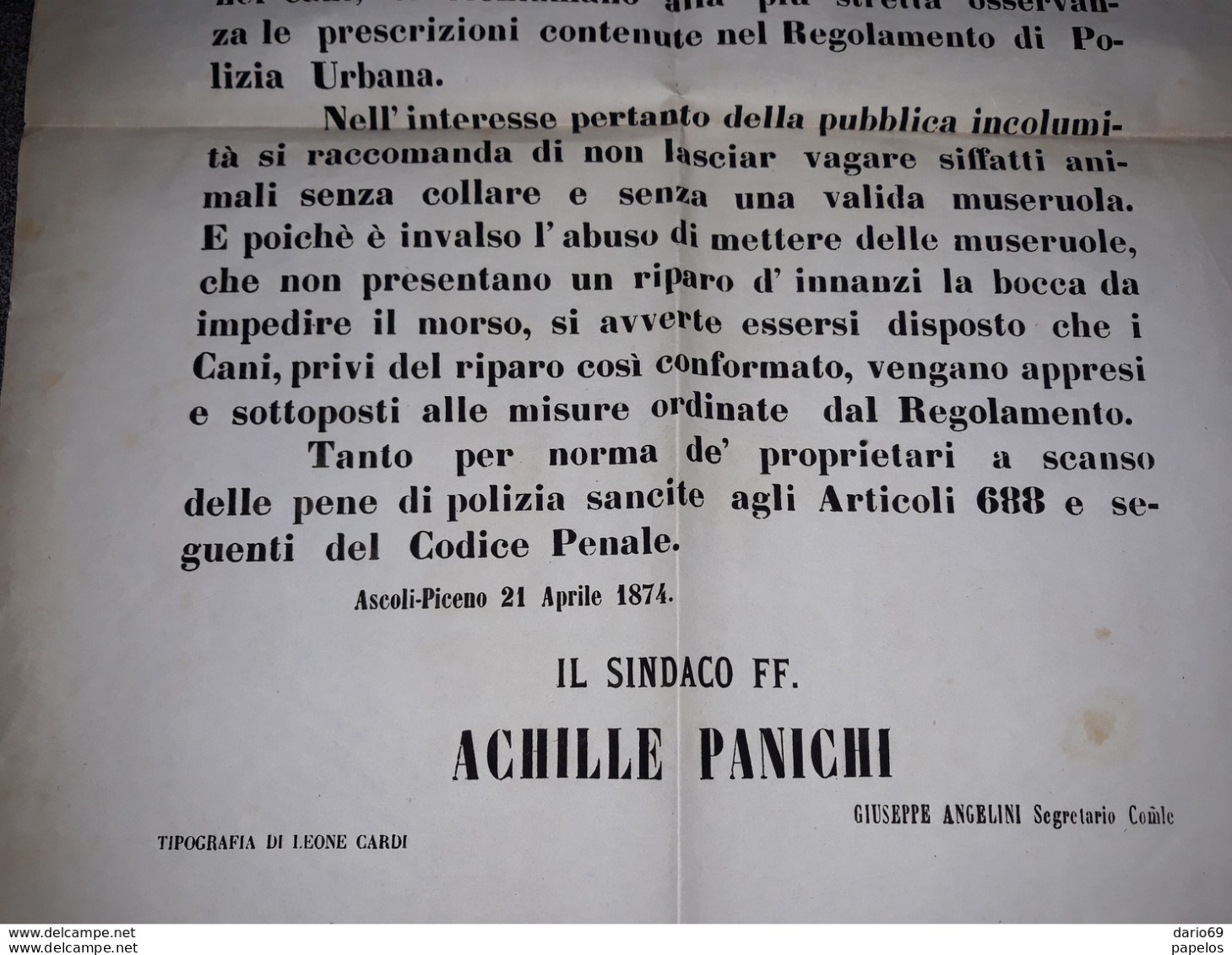 1874 MANIFESTO ASCOLI PICENO - Documents Historiques