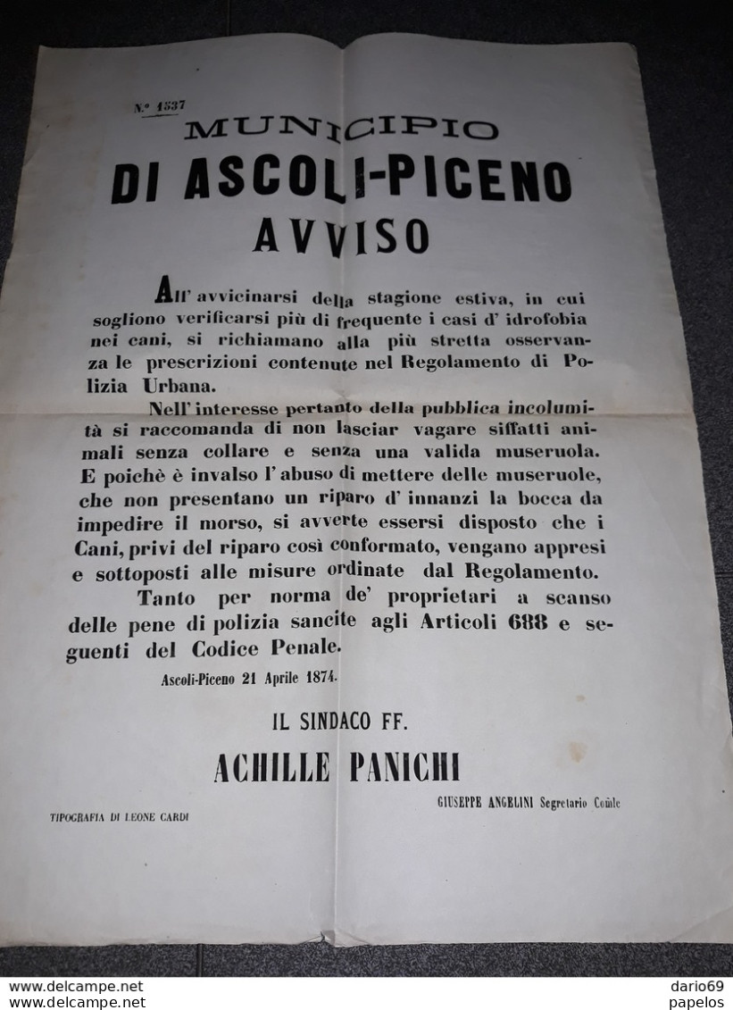 1874 MANIFESTO ASCOLI PICENO - Historische Dokumente